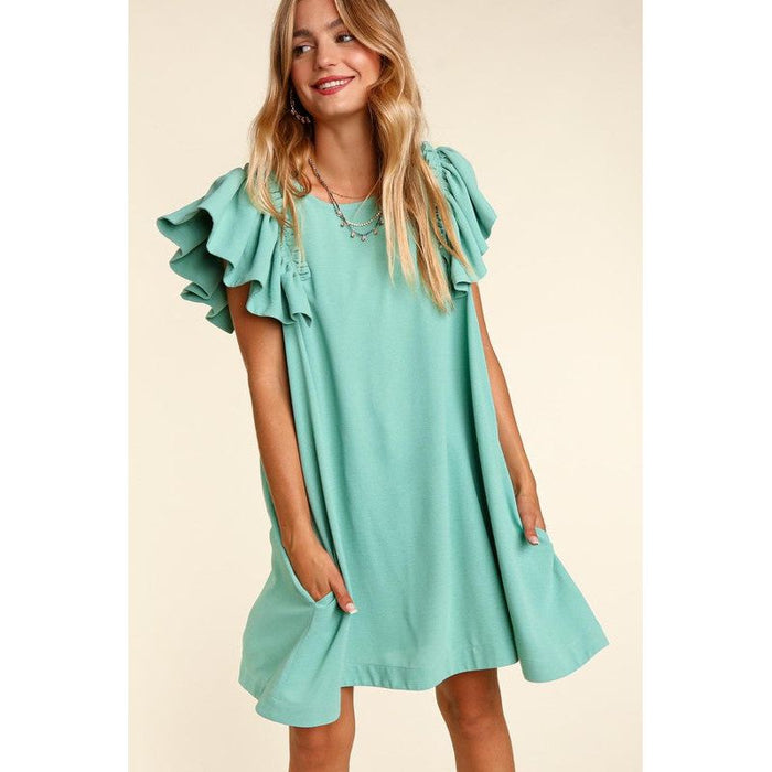 SOLID WOVEN DRESS WITH SIDE POCKETS