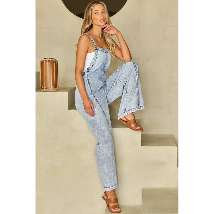 Beau Blue Light Wash Frayed Exposed Seam Wide Leg Denim Overall