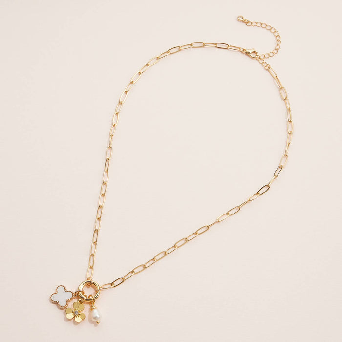 Gold Dipped Necklace with Charms and Pearl Accent