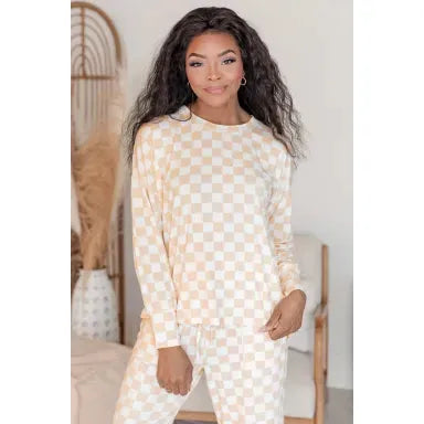 Beige Checkered Print Long Sleeve Top and Pants Lounge Set