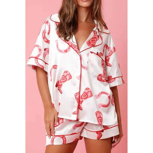 White Full Pattern Shirt and Shorts Satin Pajama Set