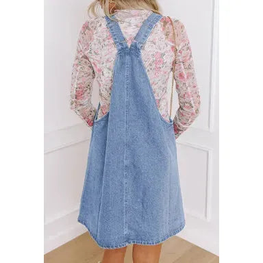 Beau Blue Wide Strap Button Front Pocketed Denim Mini Dress