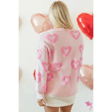 Pink Heart Shape Bubble Sleeve Baggy Sweater