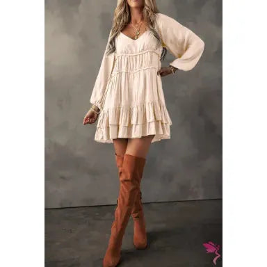 Apricot Tiered Ruffled Puff Sleeve Loose Fit Mini Dress