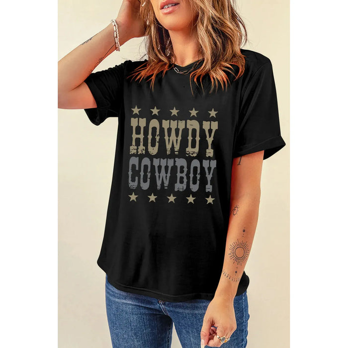 Black HOWDY COWBOY Star Print Crew Neck Loose T Shirt