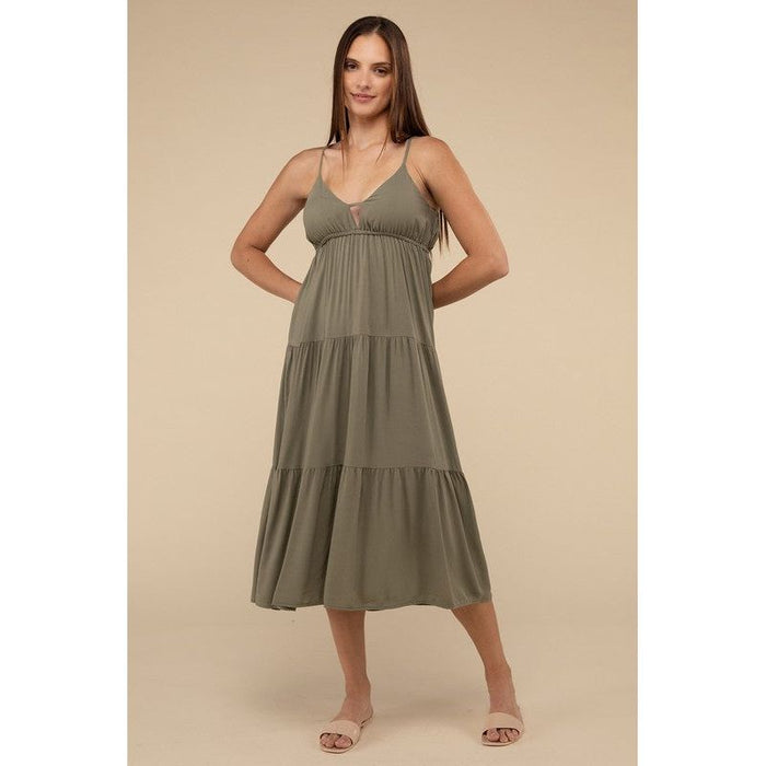 Woven Sweetheart Neckline Tiered Cami Midi Dress