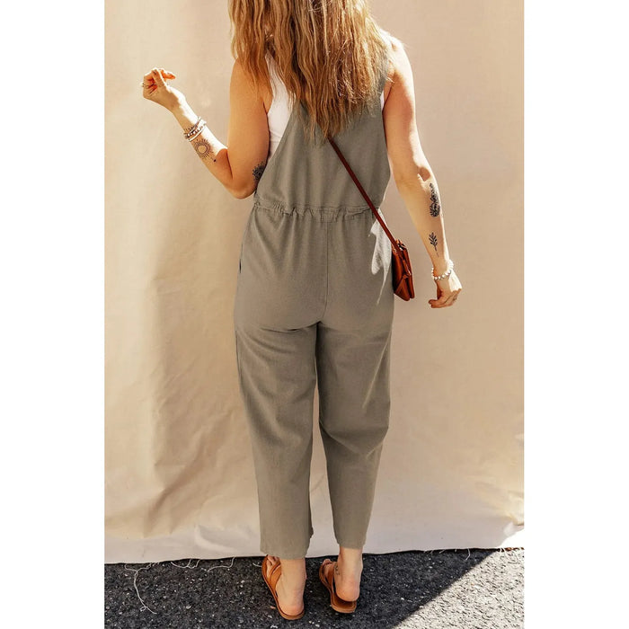 Sage Green Drawstring Buttoned Straps Cropped Overall