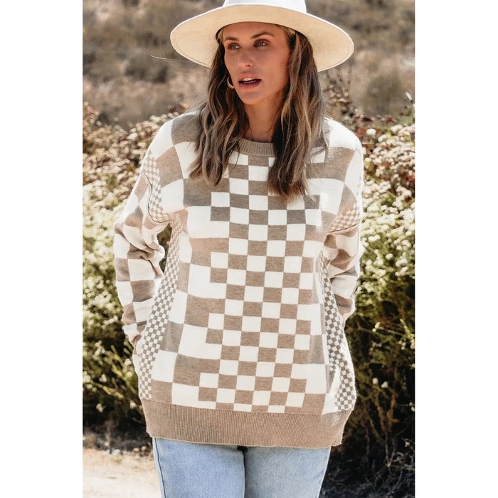 Khaki Checkered Print Drop Shoulder Round Neck Sweater