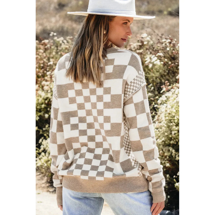 Khaki Checkered Print Drop Shoulder Round Neck Sweater