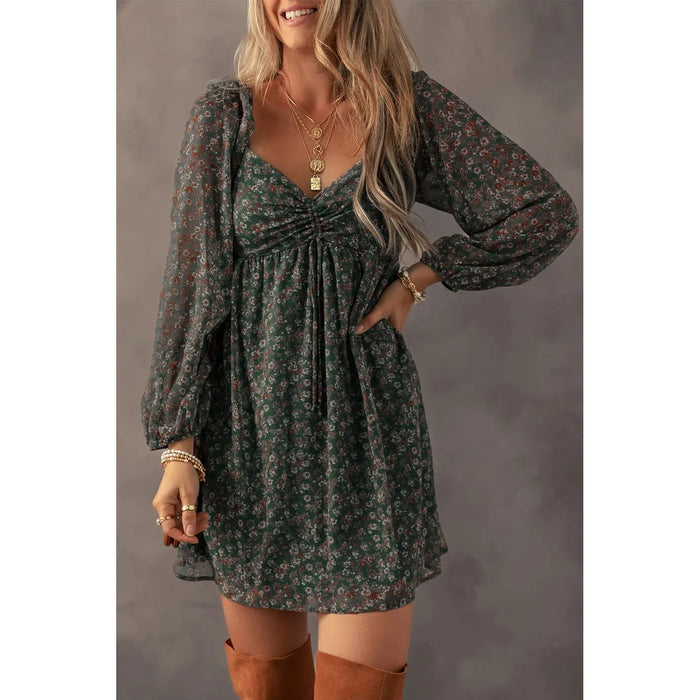 Green Floral Print Sweetheart Neck Shirred Back Mini Dress