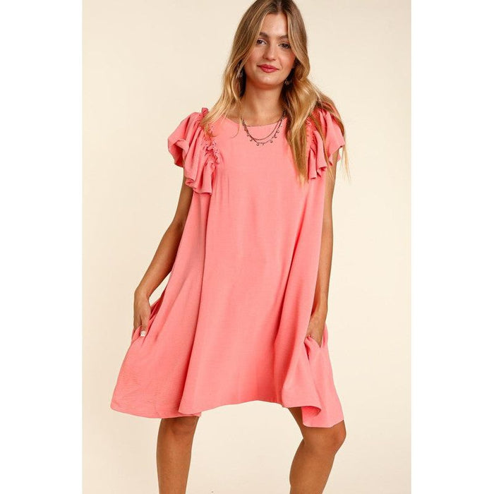 SOLID WOVEN DRESS WITH SIDE POCKETS