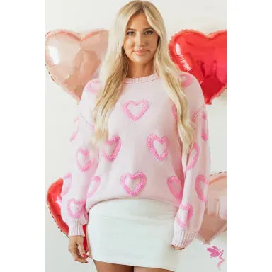 Pink Heart Shape Bubble Sleeve Baggy Sweater