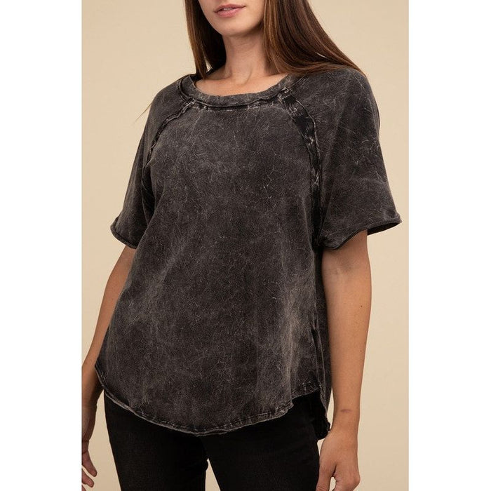 Back Patch Crinkle Washed Raglan Sleeve T-Shirt