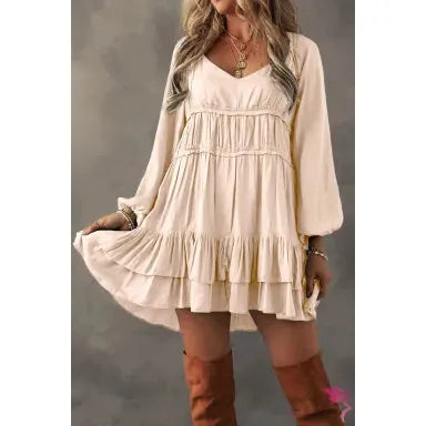 Apricot Tiered Ruffled Puff Sleeve Loose Fit Mini Dress