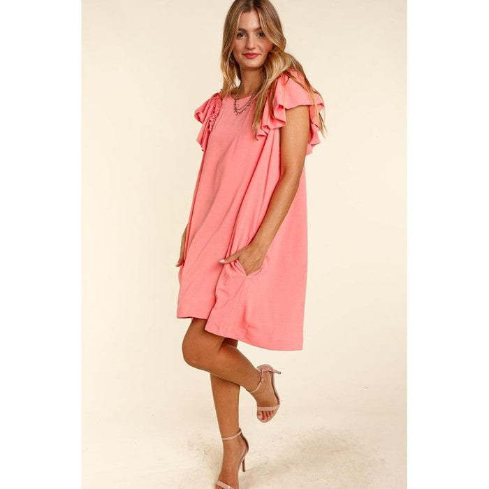 SOLID WOVEN DRESS WITH SIDE POCKETS