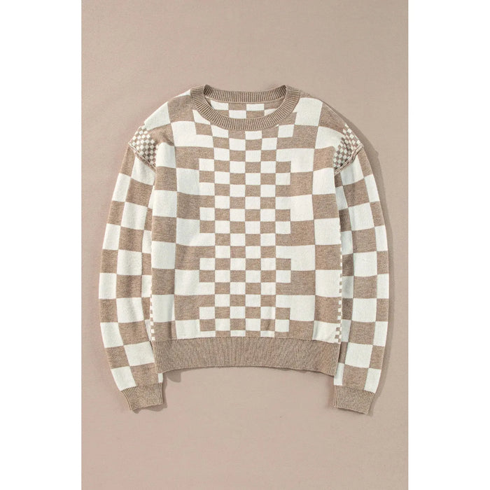 Khaki Checkered Print Drop Shoulder Round Neck Sweater