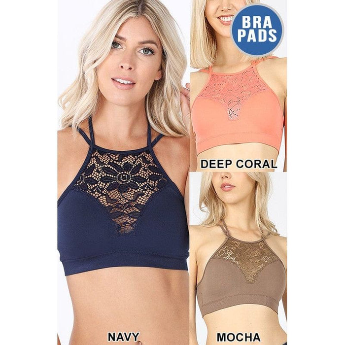 HIGH NECK LACE CUTOUT BRALETTE WITH BRA PADS