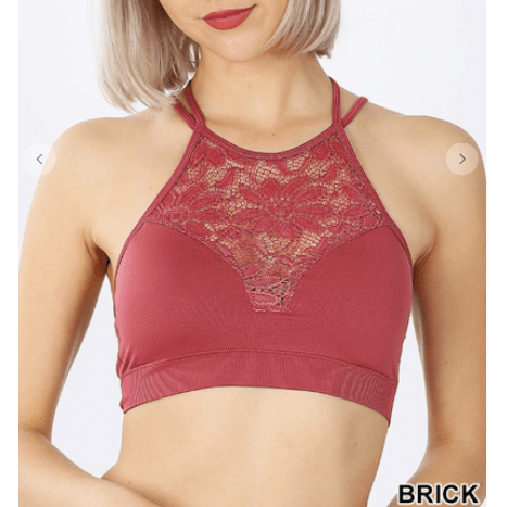 HIGH NECK LACE CUTOUT BRALETTE WITH BRA PADS